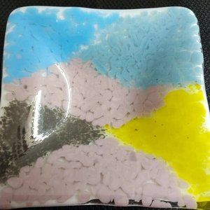 Art glass dish; artist made squared unsigned.
